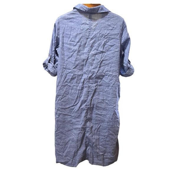 Chico's Blue Linen Blend Shirt Dress with Side Vent Buttons Roll Tab Sleeve - Picture 5 of 12